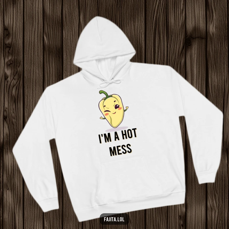 Funny hoodie featuring a playful pepper character with a mischievous grin and a wink, perfect for staying warm with a hint of spice.