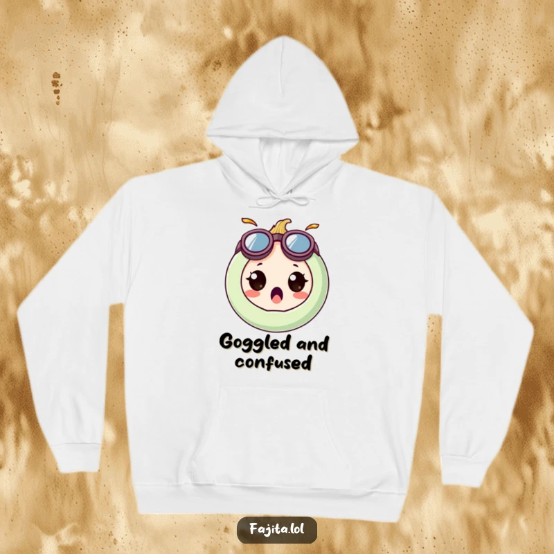 Funny hoodie featuring a surprised onion ring character wearing oversized, goofy goggles, offering warm and humorous comfort.