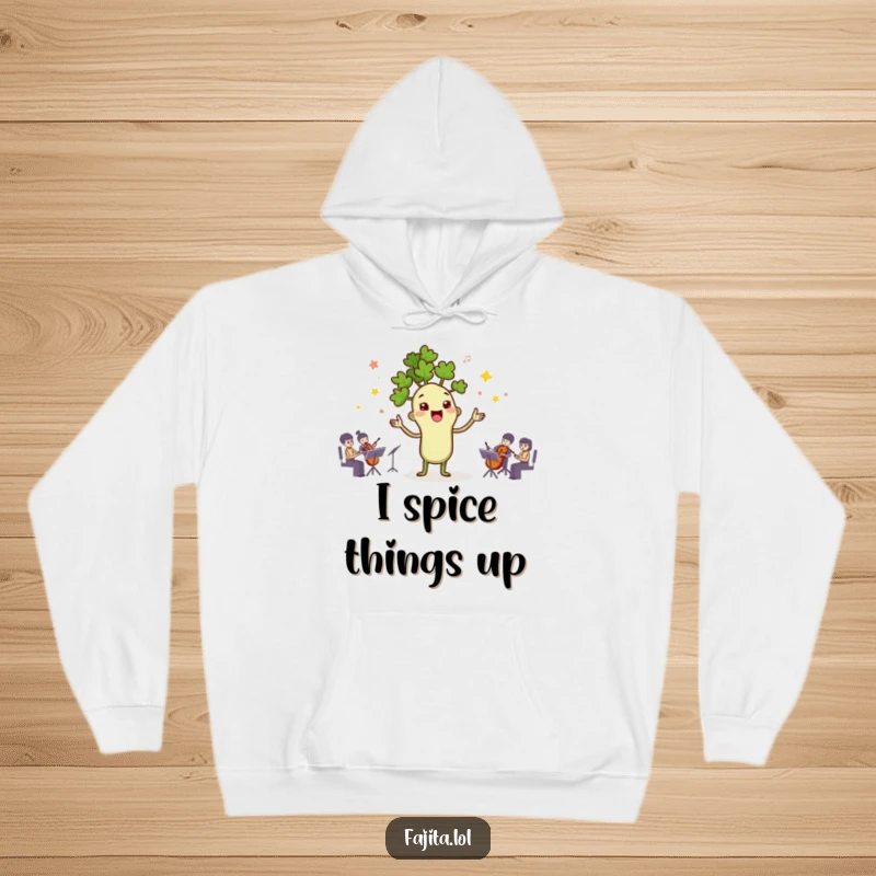 Funny hoodie design of a happy cilantro sprig character energetically conducting a small orchestra composed of various spices.