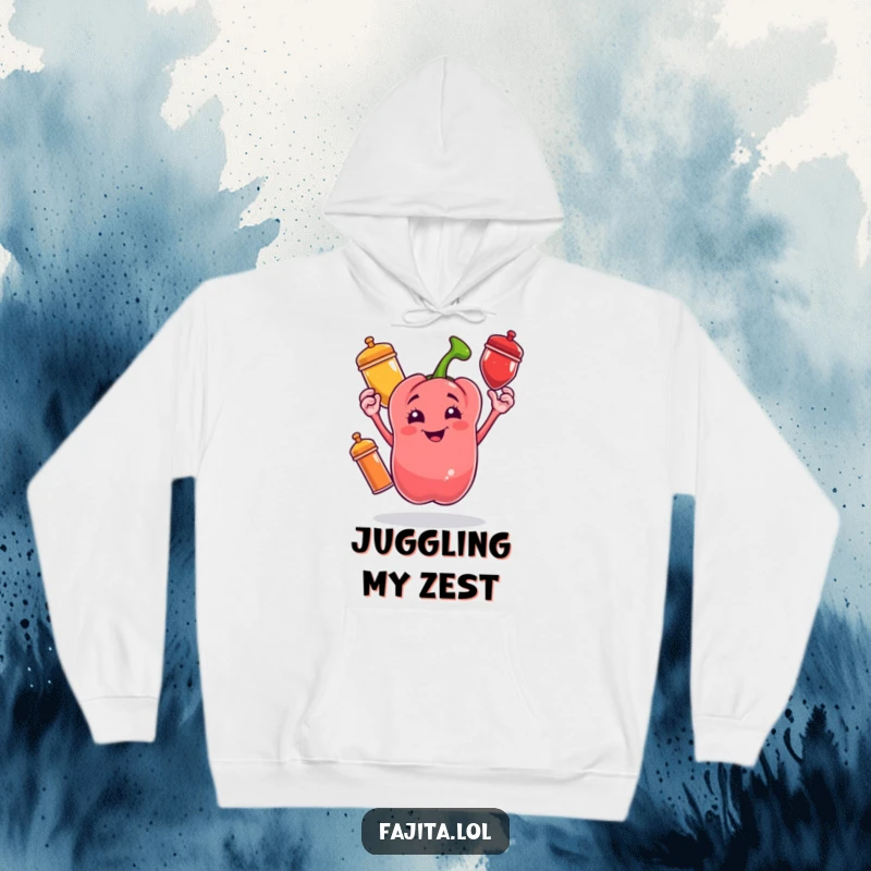 Funny hoodie featuring a cheerful bell pepper juggling colorful spice shakers, embodying culinary joy and playful energy.