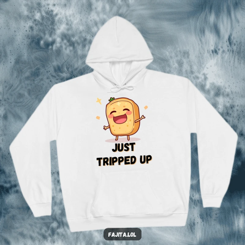 Funny Fajita Ingredient Slice Hoodie showing a comedic trip, offering warmth and humorous cheer for any occasion.