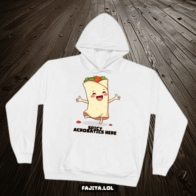 Funny hoodie depicting a smiling fajita wrap mid-cartwheel, spicy filling exploding with energetic delight for a humorous look.