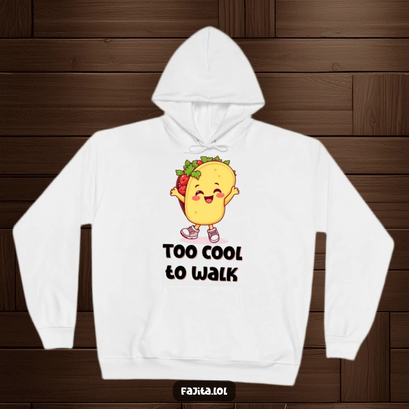 Funny hoodie showcasing a happy taco in tiny sneakers, performing a lively salsa dance with athletic flair.