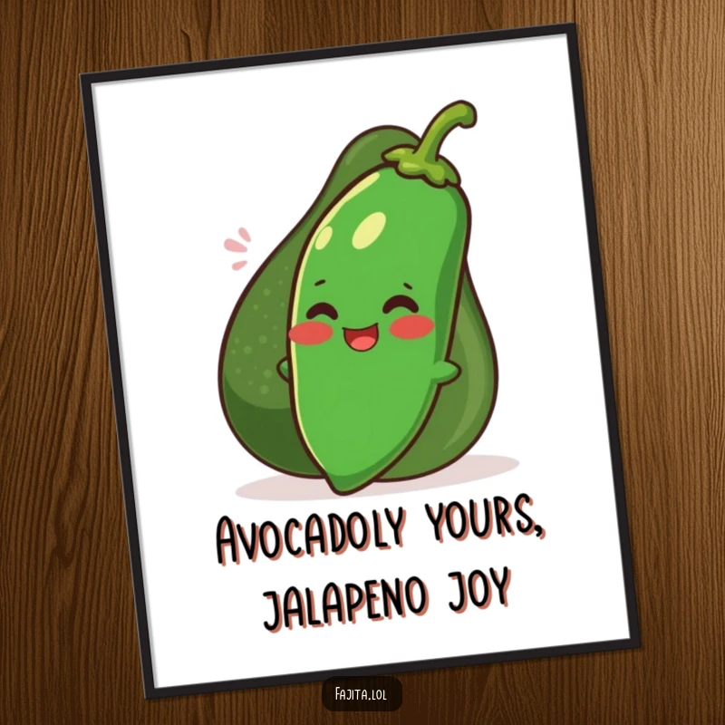 Funny Free Printable Wall Art of a blushing, giggling jalapeno hiding behind a giant, smiling avocado.
