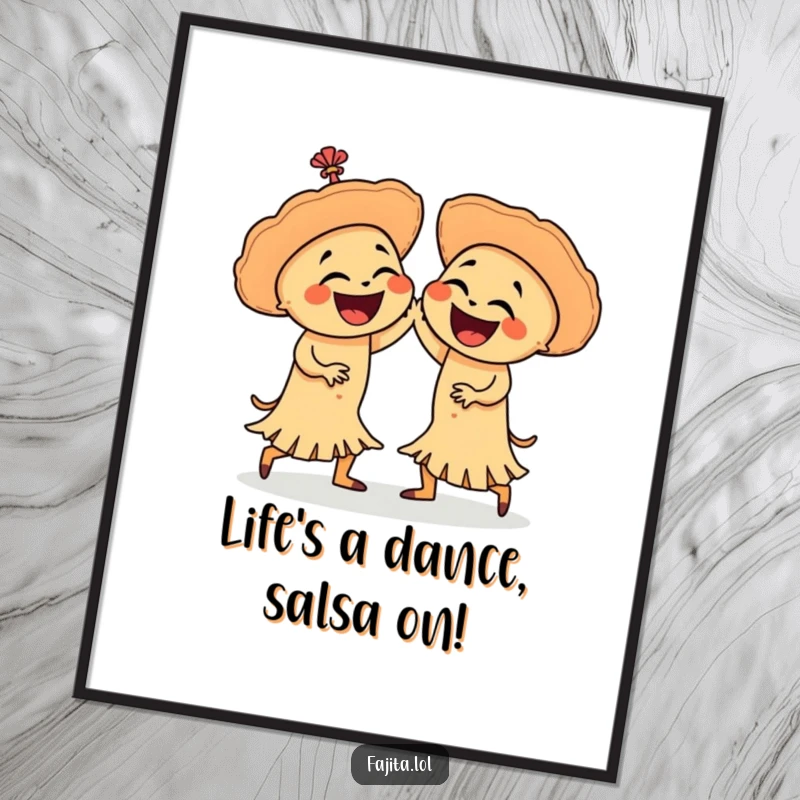 Funny Free Printable Wall Art: Two laughing fajitas salsa dancing energetically, a vibrant and humorous downloadable piece for your kitchen.