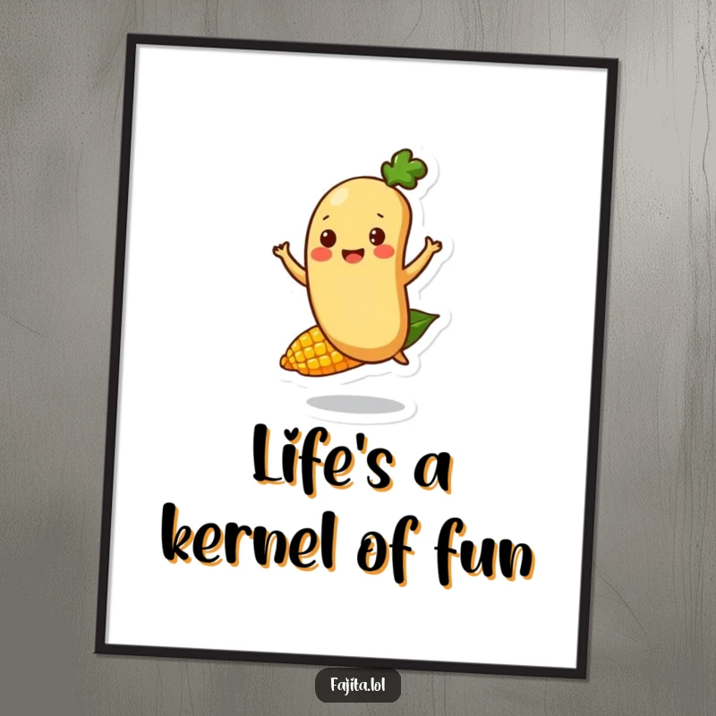 Funny Free Printable Wall Art: A cute bean character happily bouncing on a corn kernel, adding a humorous element.