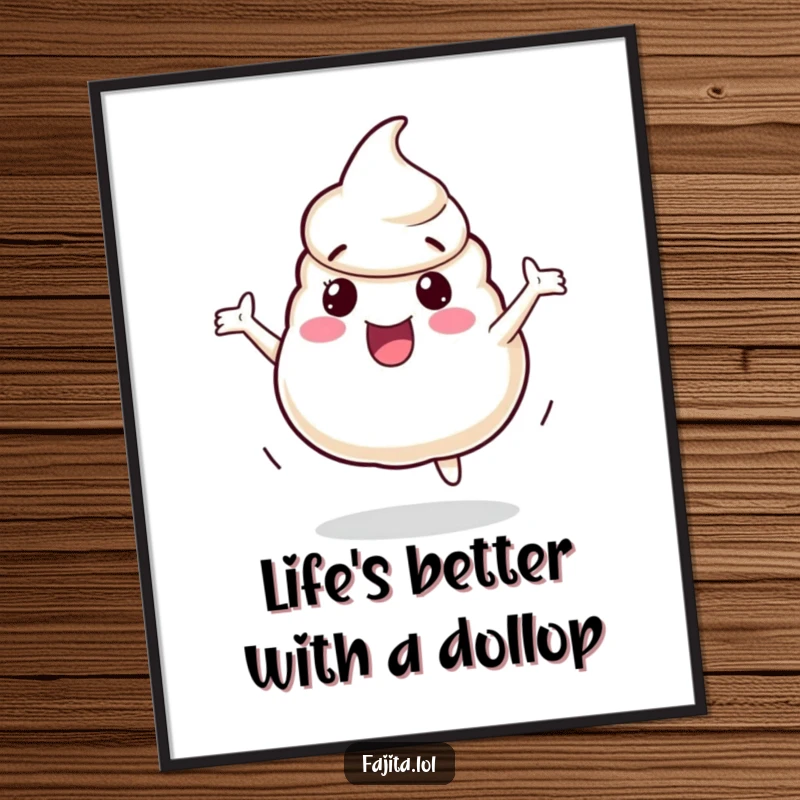 Funny Free Printable Wall Art: Bouncing sour cream character full of energy, a playful downloadable art.