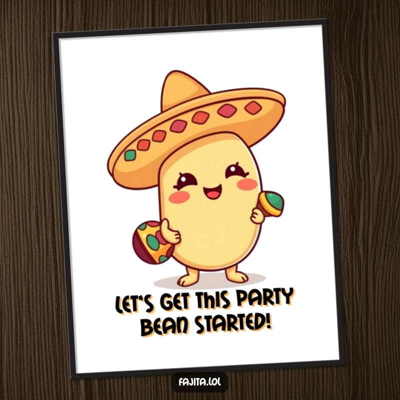Funny Free Printable Wall Art: Bean character in sombrero dancing with maraca, vibrant and joyful downloadable art.