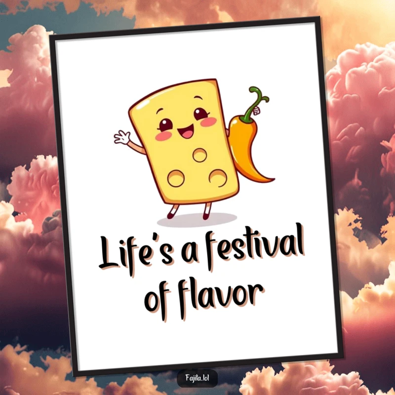 Funny Free Printable Wall Art: A Cheerful Cheese Slice Performing a Cartwheel Next to a Sizzling Pepper!