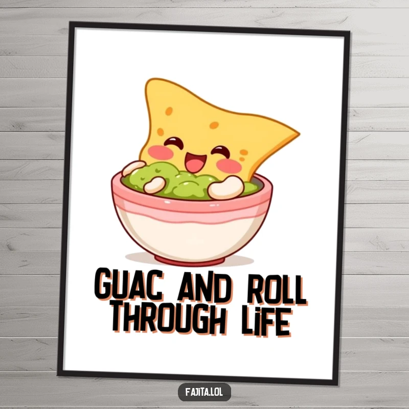 Funny Free Printable Wall Art: A plump tortilla chip joyfully dives into a bowl of guacamole, whimsical food art.