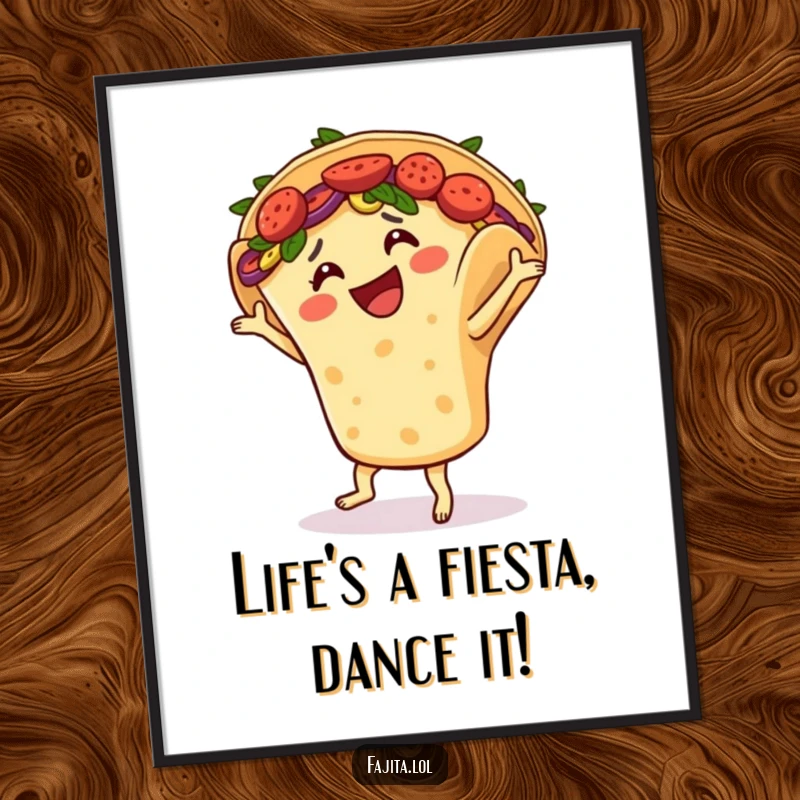 Funny Free Printable Wall Art: A smiling fajita in a tortilla shell performing an energetic salsa dance, adding joy.