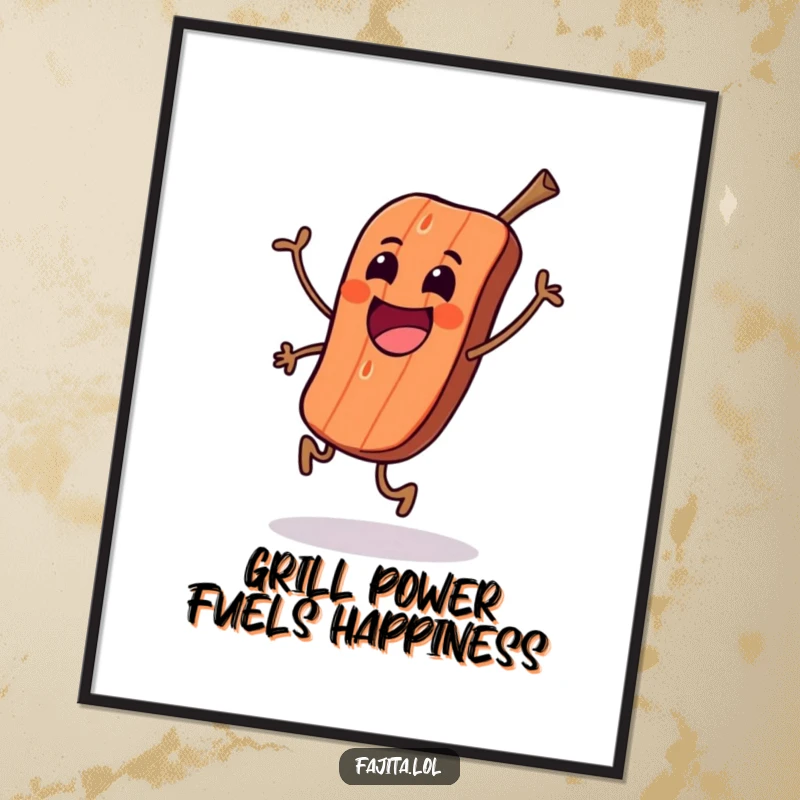 Funny Free Printable wall art showing an excited grilled meat character doing a happy skip, adding a playful touch.
