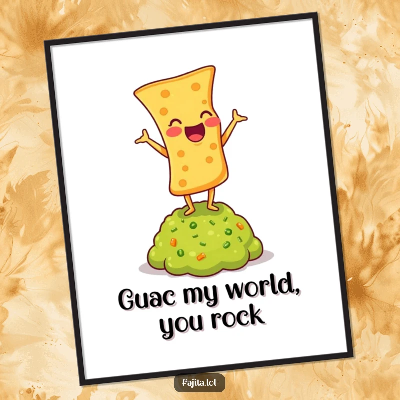 Funny Free Printable Wall Art: A Tortilla Chip Laughing While Doing a Headstand on Guacamole!