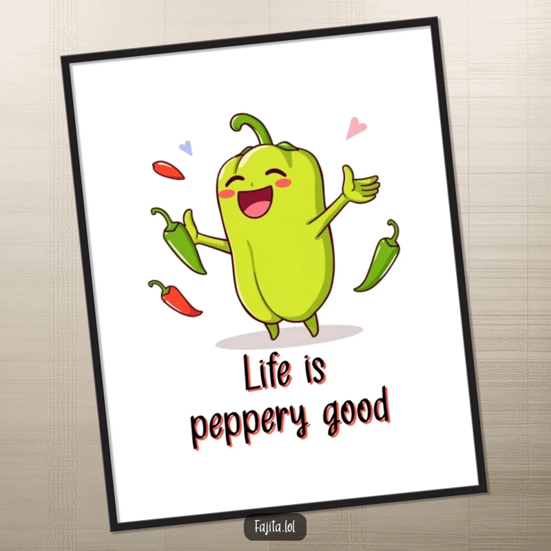 Funny Free Printable Wall Art depicting a laughing bell pepper masterfully juggling spicy jalapenos.