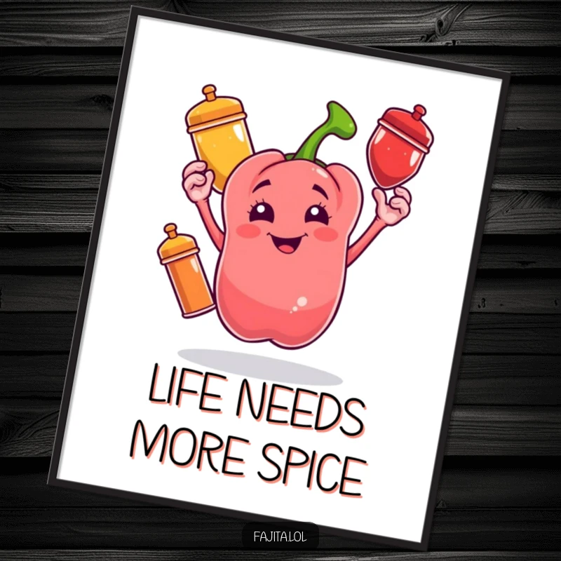 Funny Free Printable Wall Art: A cheerful bell pepper juggles colorful spice shakers with glee, vibrant and playful decor.