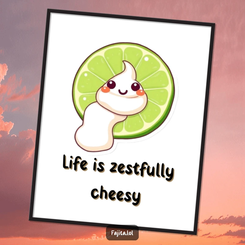 Funny Free Printable Wall Art showcasing a winking sour cream dollop mid-slide down a slippery lime wedge, a quirky kitchen delight.