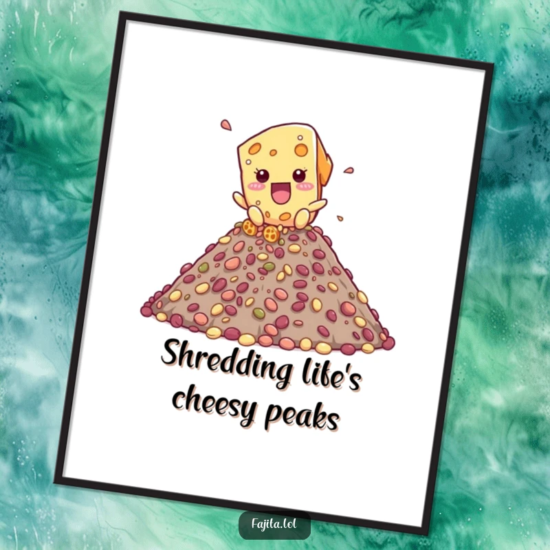Funny Free Printable Wall Art: A playful cheese shred character joyfully cascading down a giant mountain made of beans, humorously delicious.