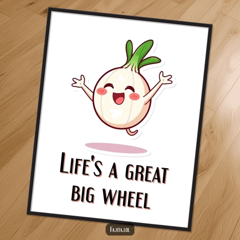 Funny Free Printable Wall Art: A smiling onion ring character performing an energetic cartwheel, full of excitement and playful spirit.