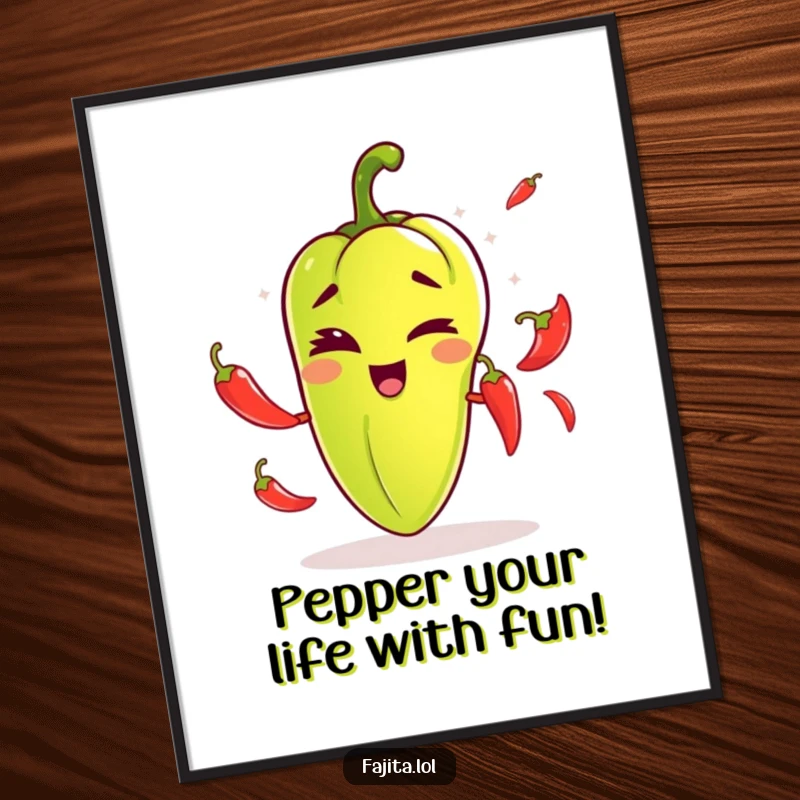 Funny Free Printable Wall Art: Winking Fajita Pepper Masterfully Juggling Chili Peppers, Vibrant and Playful Decor.