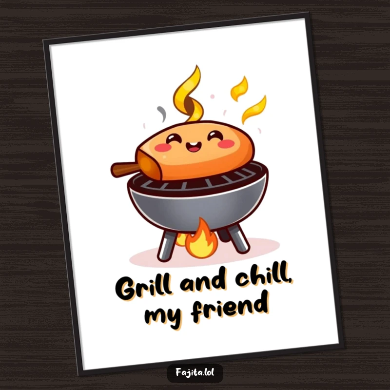 Funny Free Printable Wall Art: A happy fajita sizzling on a miniature grill with tiny flames, perfect for kitchen decor.