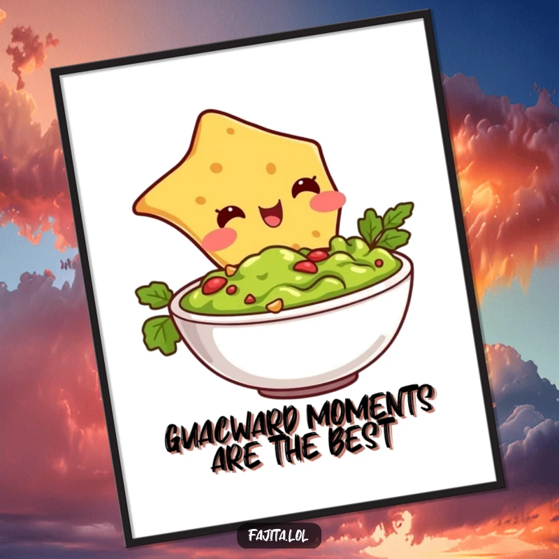 Funny Free Printable Wall Art: A plump, blushing tortilla chip happily dives into a bowl of guacamole.