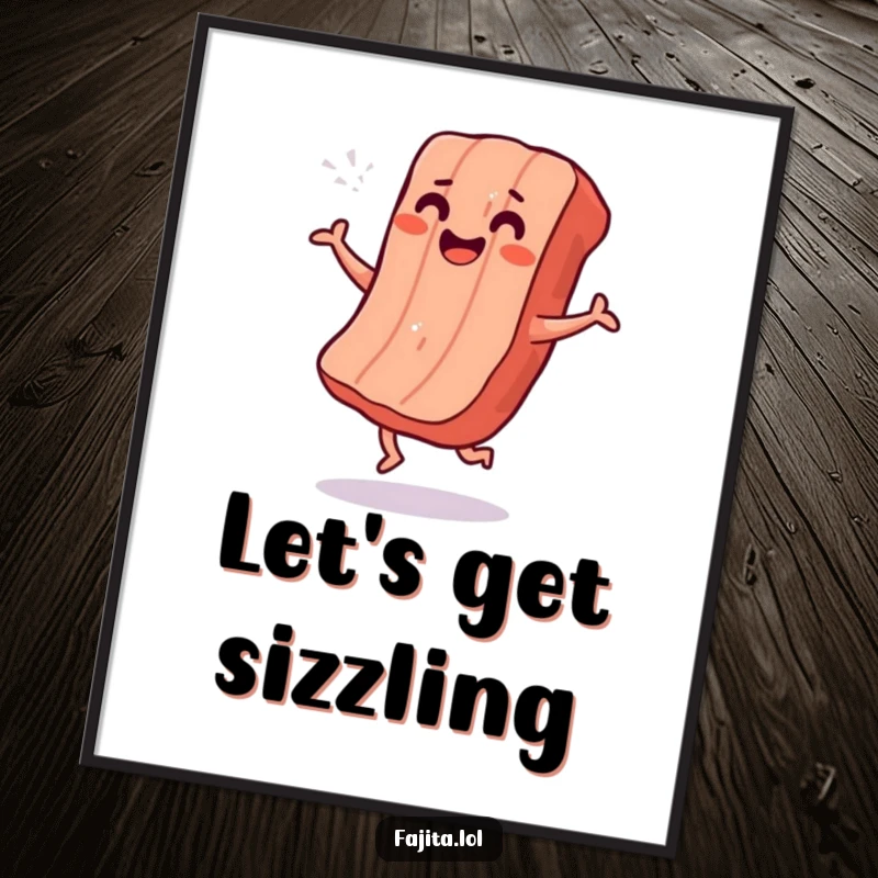 Funny Free Printable Wall Art: A smiling strip of grilled meat dances with excitement, a humorous and vibrant piece.