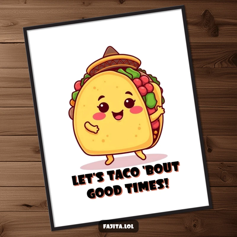 Funny Free Printable Wall Art: A smiling taco shell wearing a sombrero enthusiastically jigs, perfect for quirky home decor.