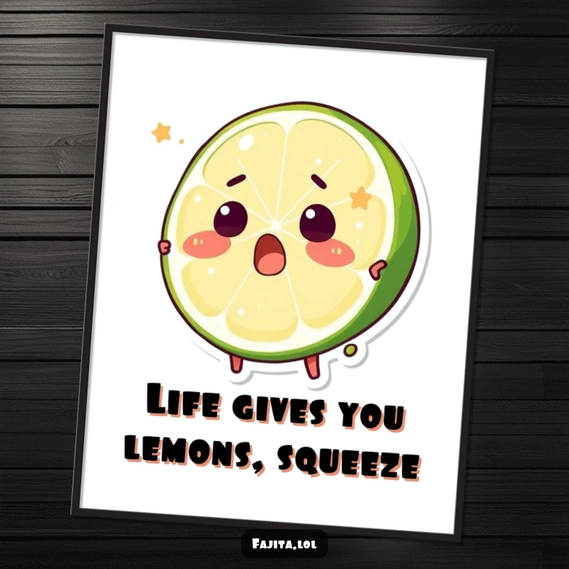 Funny Free Printable wall art depicting a surprised lime wedge character in the midst of a playful squeeze, full of character.