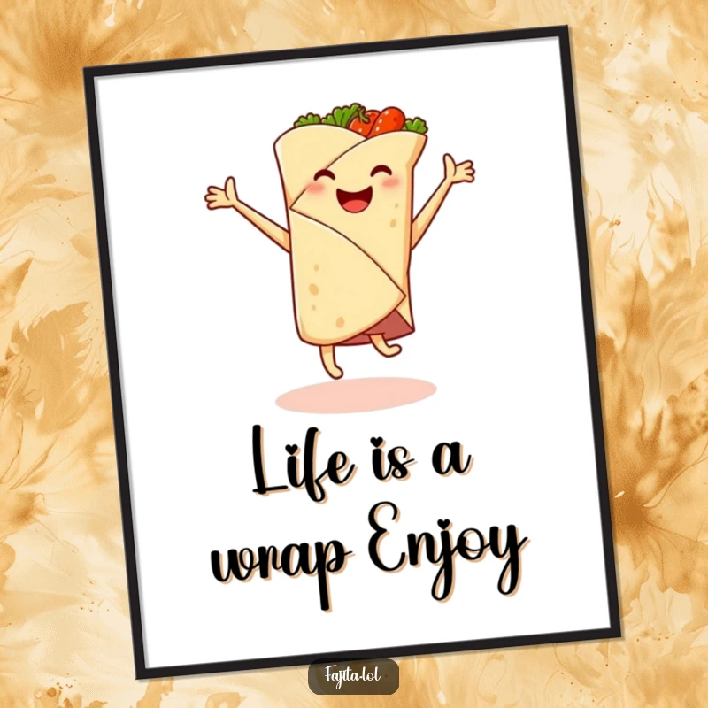 Funny Free Printable Wall Art: An anthropomorphic fajita wrap in a joyful cartwheel with spicy filling mid-air, vibrant and energetic.