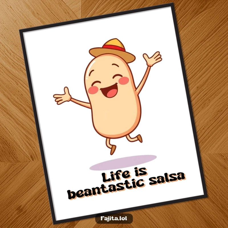 Funny Free Printable Wall Art of a joyful bean character doing a jumping jack with a side of salsa, full of energetic happiness.
