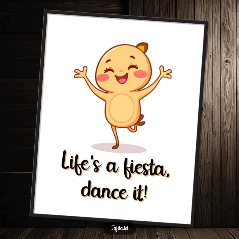 Funny Free Printable Wall Art: Cartoon fajita with legs, doing a joyful flamenco dance in a kitchen setting.
