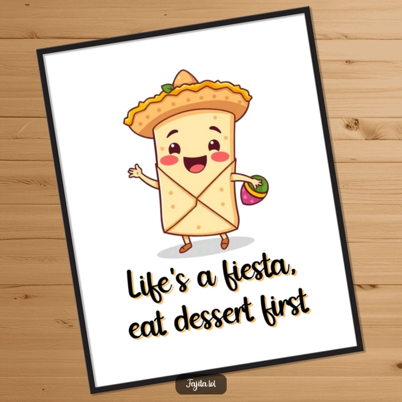 Funny Free Printable Wall Art: A Smiling Fajita Wrap in a Sombrero, Dancing Joyfully with Maracas!