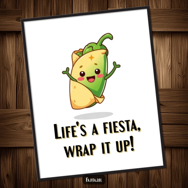 Funny Free Printable Wall Art: Playful Tortilla Wrapping a Jumping Jalapeño, Whimsical Kitchen Decor.