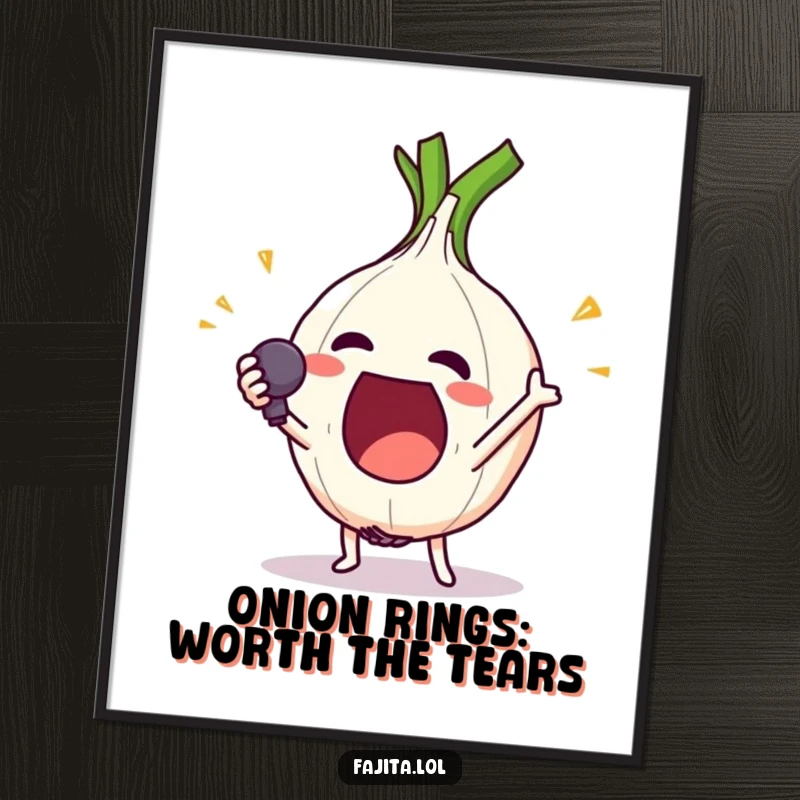 Funny Free Printable Wall Art: An excited onion ring performs a dramatic mic drop, cool and humorous graphic art.