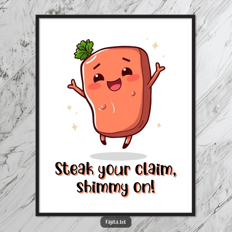 Funny Free Printable Wall Art: Happy Fajita Steak Segment Shimmying with Gusto, Energetic Kitchen Decor.