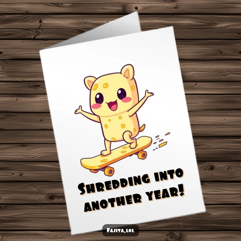 Funny Free Printable Birthday Card: Gleeful fajita character zooming on a skateboard made of cheese, a radical downloadable gift.