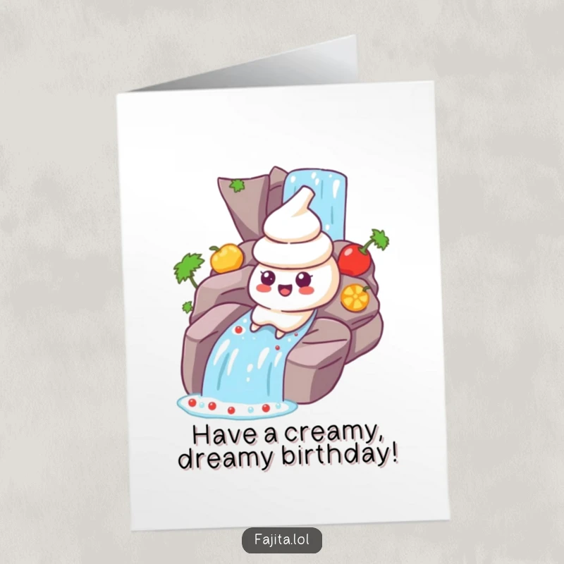 Funny Free Printable Birthday Card: A sour cream dollop character joyfully sliding down a vibrant salsa waterfall.