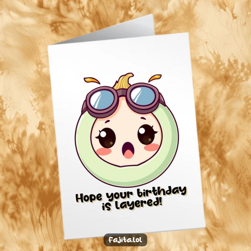 Funny Free Printable Birthday Card: Surprised Onion Ring Character Wearing Oversized, Goofy Goggles!