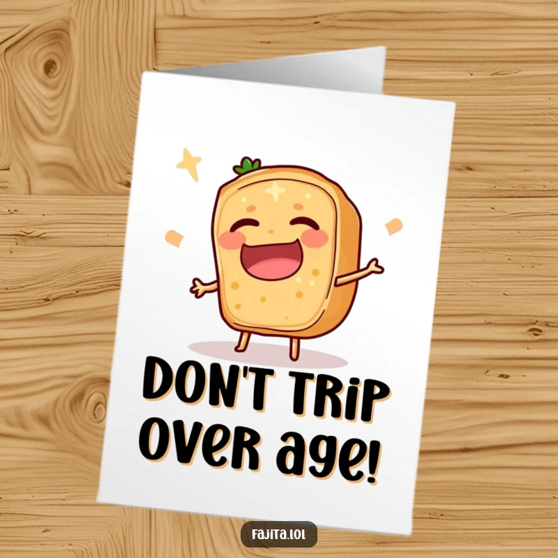 Funny Free Printable Birthday Card: A fajita ingredient slice humorously tripping, mid-fall with a comical expression. Physical comedy.