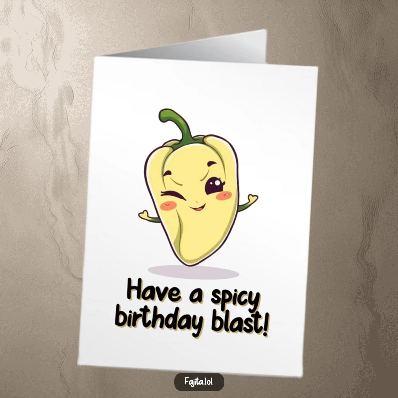 Funny Free Printable Birthday Card: A playful pepper character with a mischievous grin, winking cheekily for a birthday surprise.