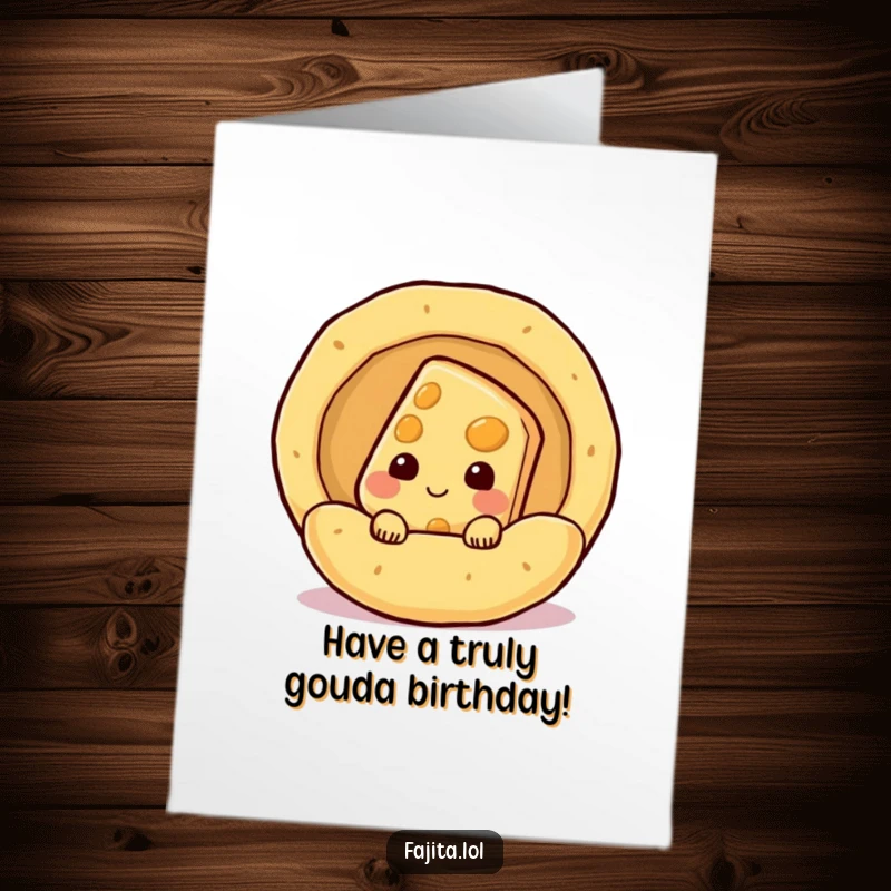 Funny Free Printable Birthday Card: shy cheese slice peeking from a steaming tortilla, wishing happy birthday.