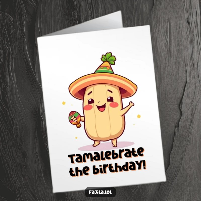 Funny Free Printable Birthday Card: A giddy tamale in a festive hat joyfully spinning with a maraca.