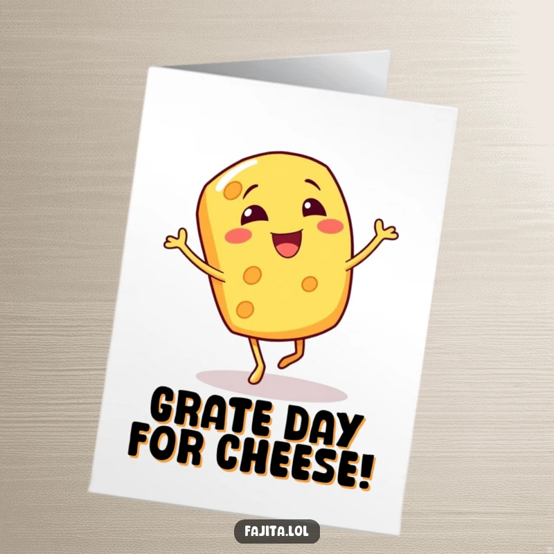 Funny Free Printable birthday card featuring a giggling cheese shred character doing a bouncy jig, spreading cheesy joy.