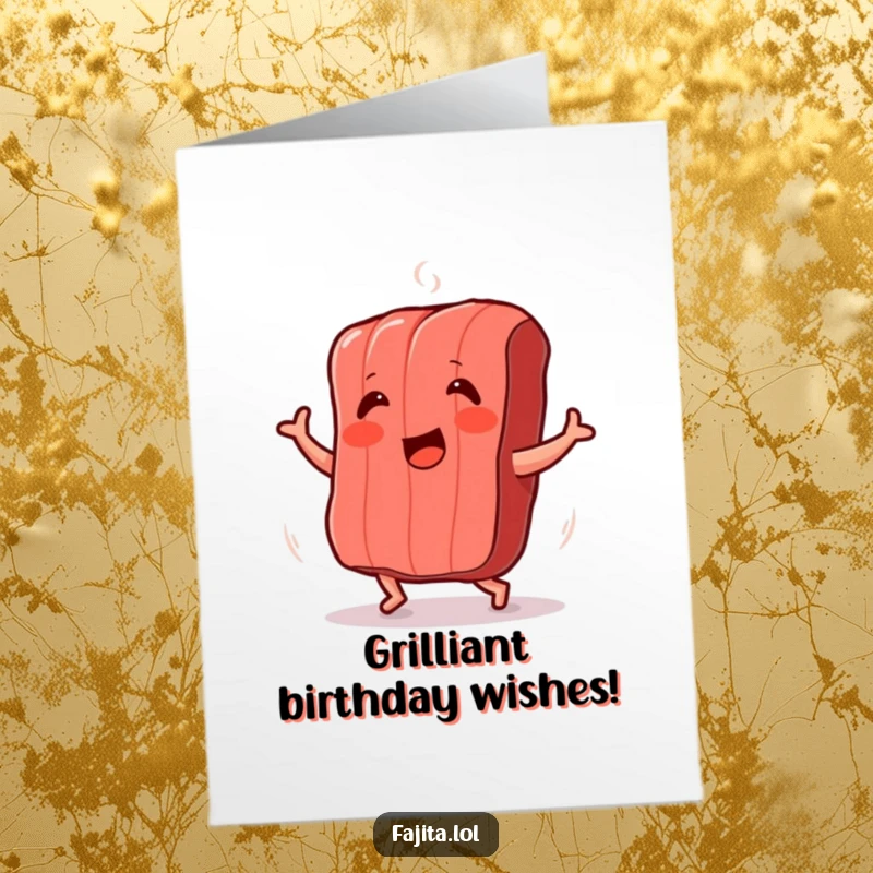Funny Free Printable Birthday Card: A smiling strip of grilled meat dances with an excited shimmy.