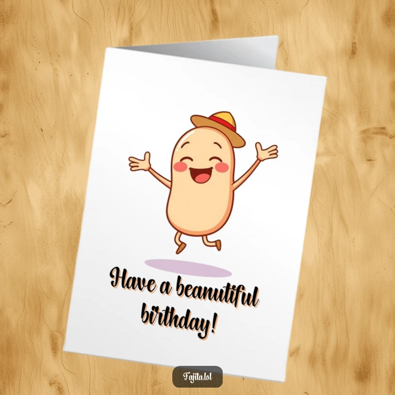 Funny Free Printable Birthday Card of a joyful bean character doing a jumping jack with a side of salsa, celebrating with gusto.