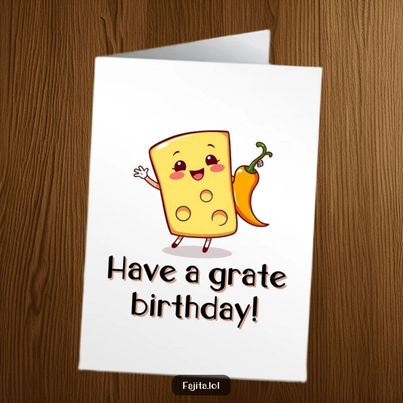 Funny Free Printable Birthday Card: Cheerful Cheese Slice Doing a Cartwheel Next to a Sizzling Pepper!