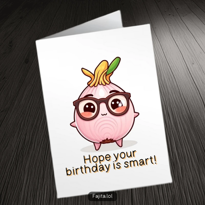 Funny Free Printable Birthday Card: Studious Fajita Onion Slice Wearing Reading Glasses, Looking Very Smart.