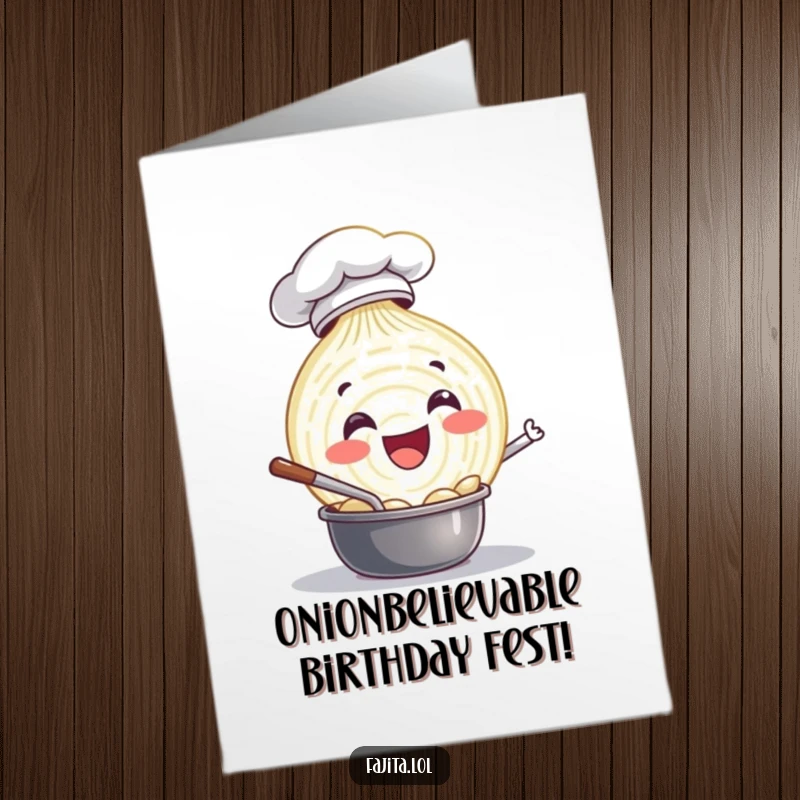 Funny Free Printable Birthday Card of a delighted onion slice in a chef hat happily stirring a pot.