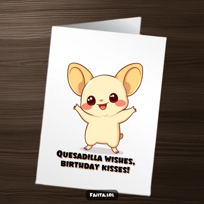 Funny Free Printable Birthday Card: A smiling quesadilla with wide eyes grooves to a silly dance beat.