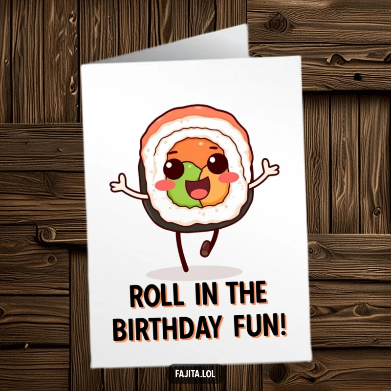 Funny Free Printable Birthday Card: A delighted sushi roll with soy sauce legs doing a joyful little hop.